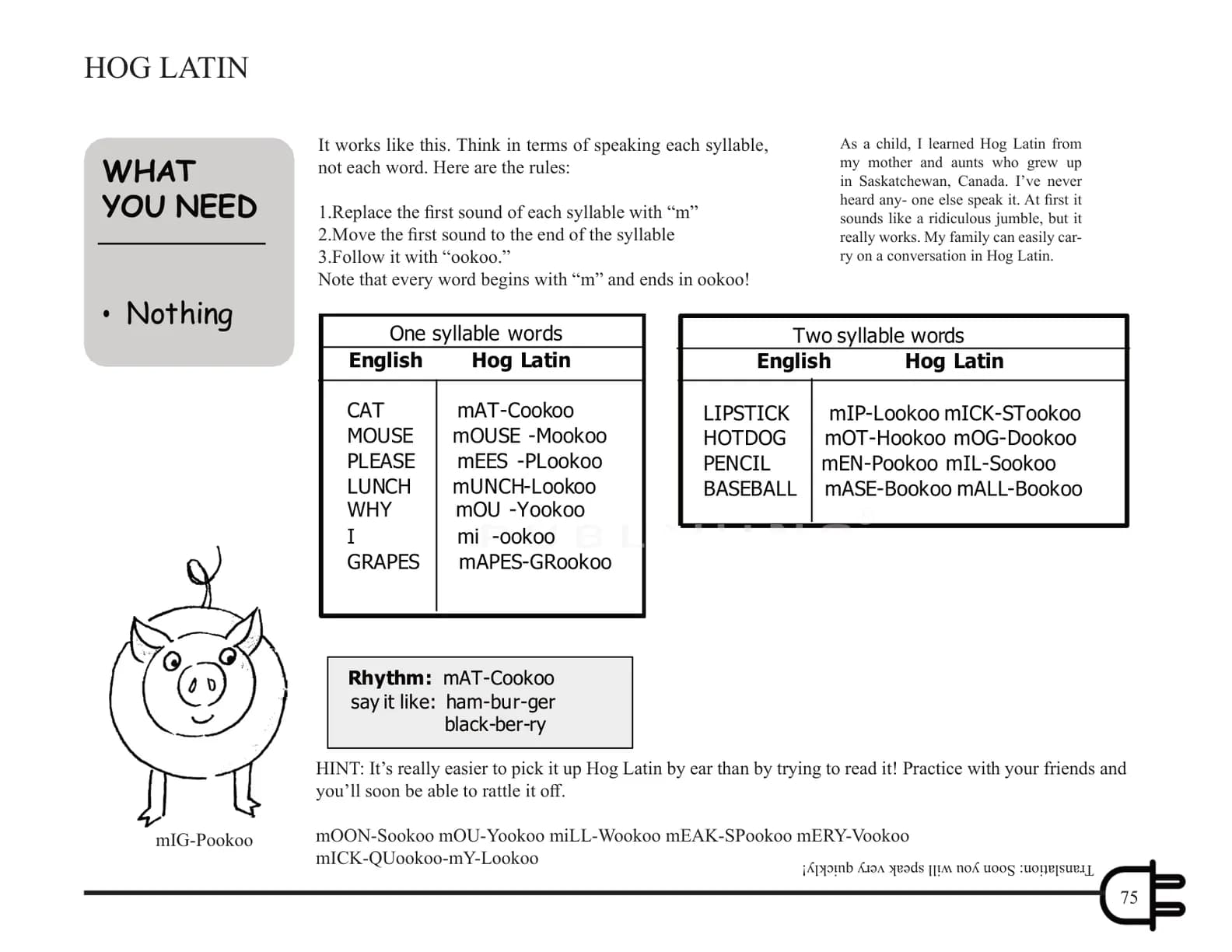 Page 75 of the book: Hog Latin